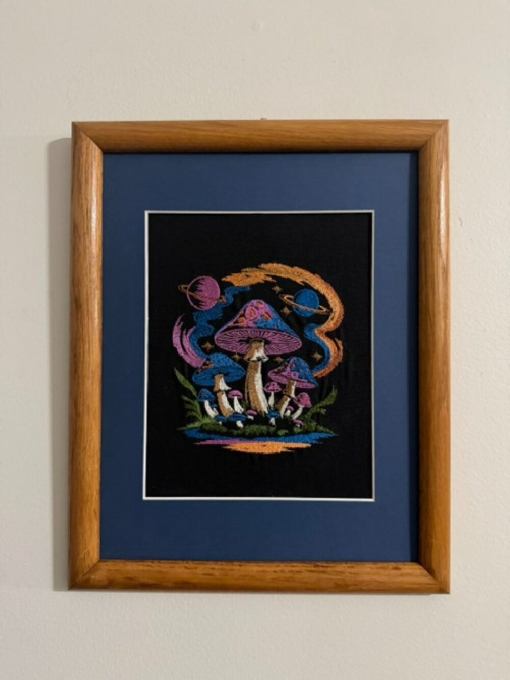 Homemade Mushroom In Space Multicolored Framed Embroidery Art